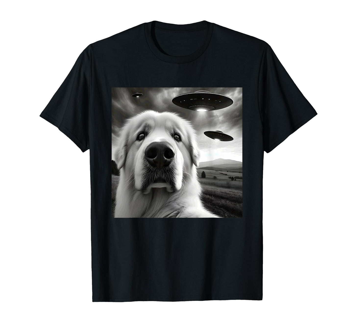 Great Pyrenees Funny Graphic Selfie with UFOs Weird Aliens T-Shirt