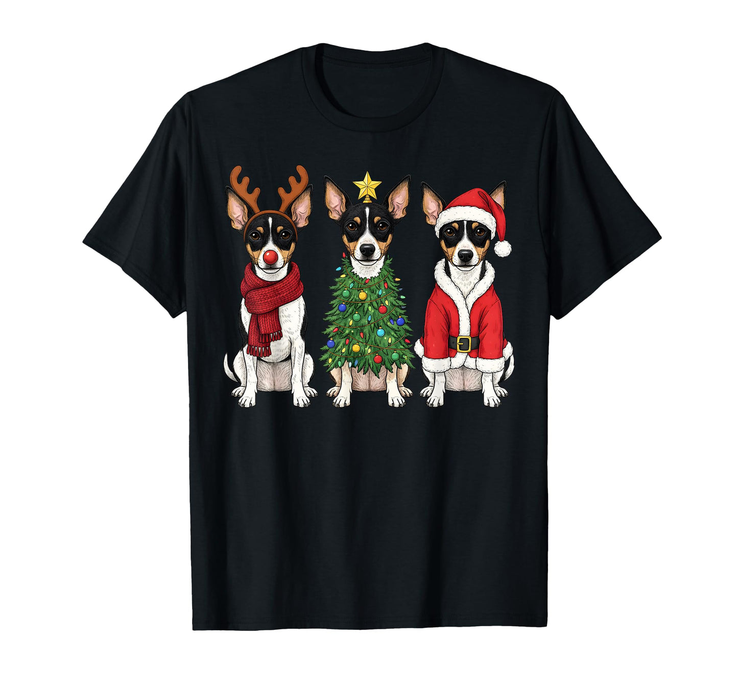 Retro Christmas Rat Terrier Santa Reindeer Dog Lover T-Shirt