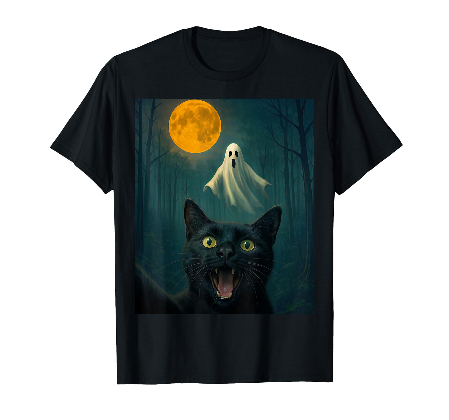 Funny Scared Cat Selfie with Ghost Halloween Day Women Men T-Shirt