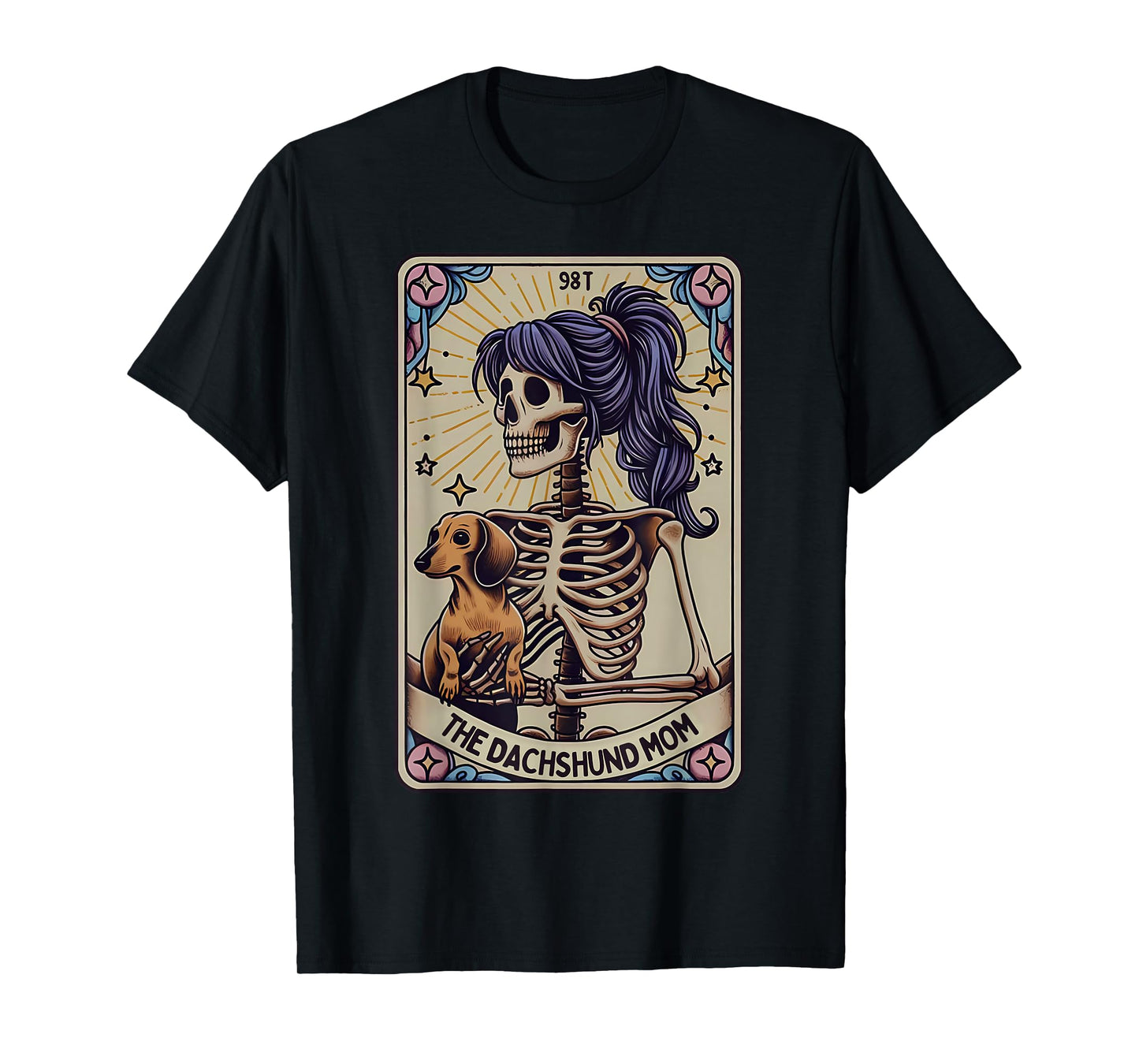 Dachshund Mom Tarot Card Skeleton Halloween Witchy Vibes T-Shirt