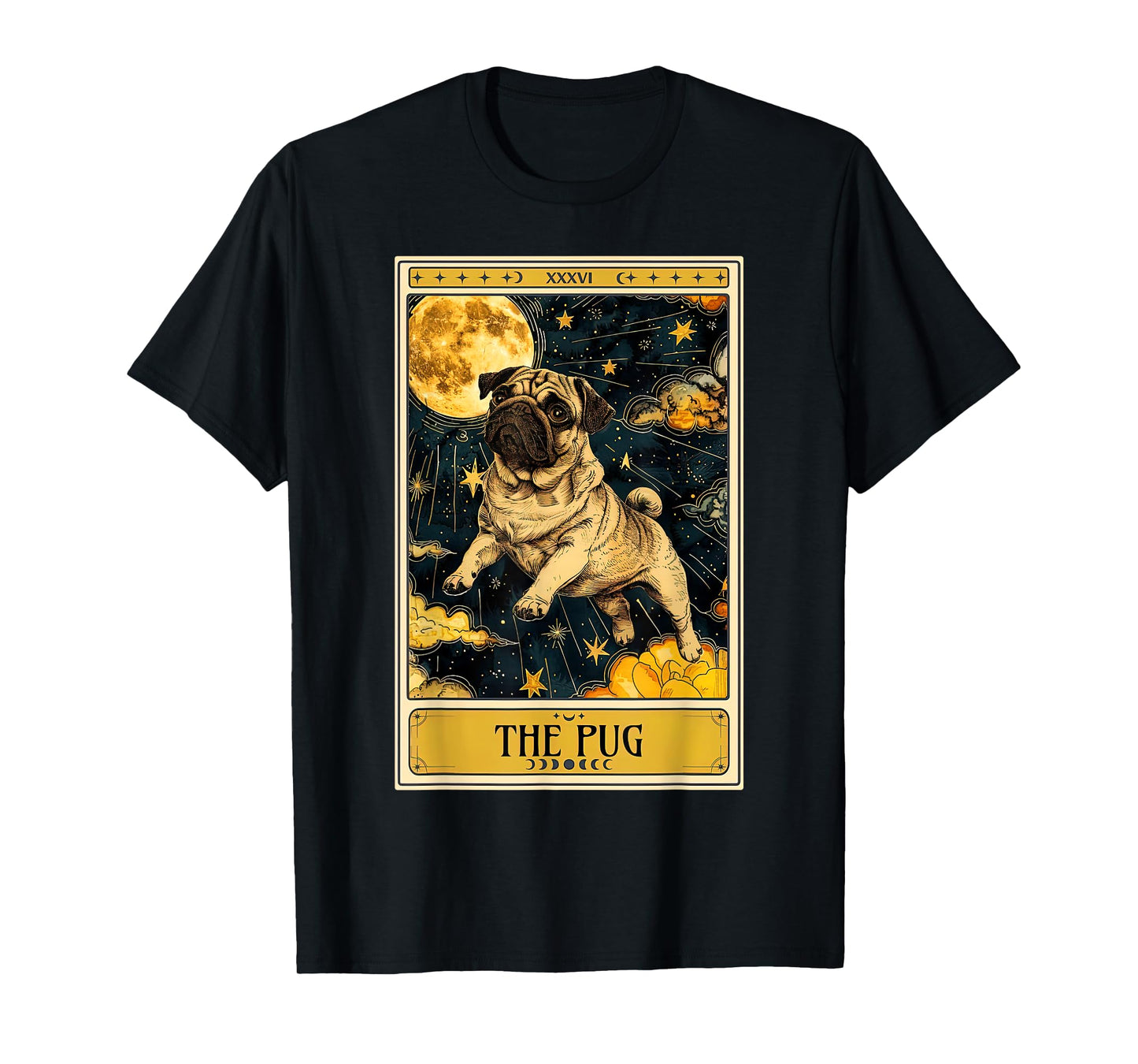 Vintage Pug Tarot Card Celestial Moon Stars Pet Dog Lover T-Shirt for Men Women Kids