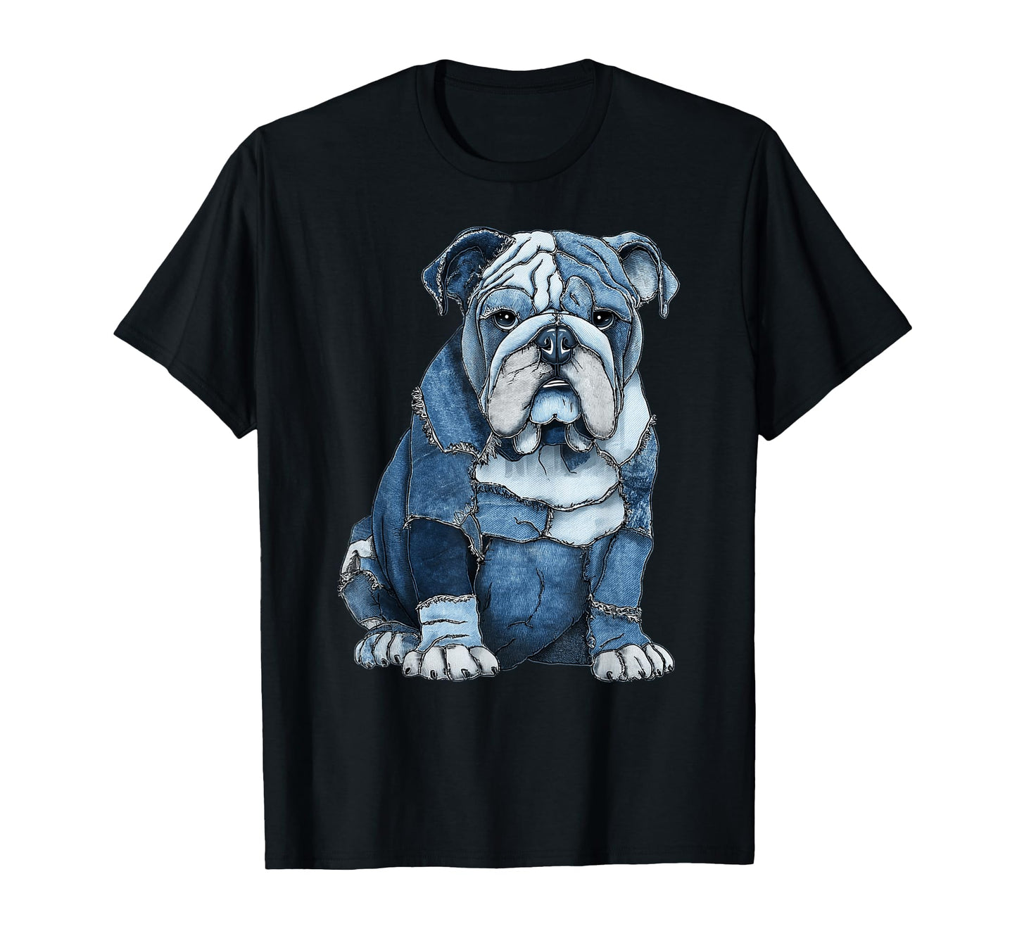 Funny English Bulldog Dog Blue Denim Patchwork Graphic T-Shirt