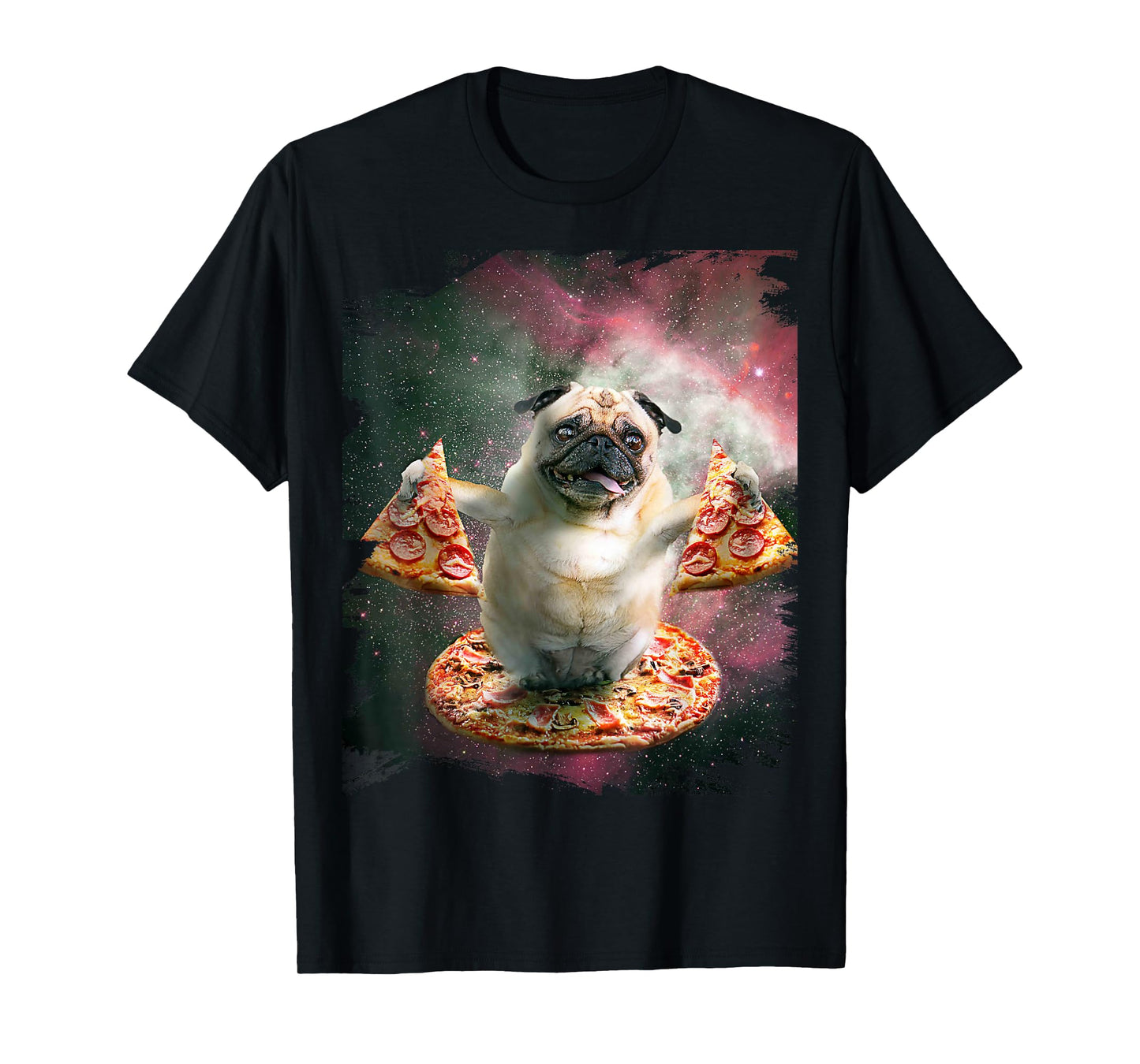 Random Galaxy Funny Pug Dog with Pizza T-Shirt
