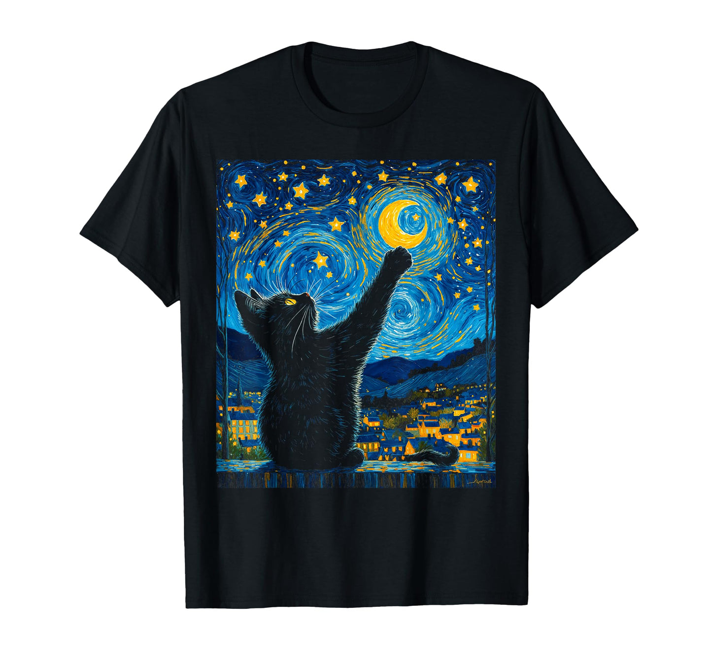 Funny Art Van Gogh Starry Night Cat Moonlit Scene Cat Lovers T-Shirt for Men Women