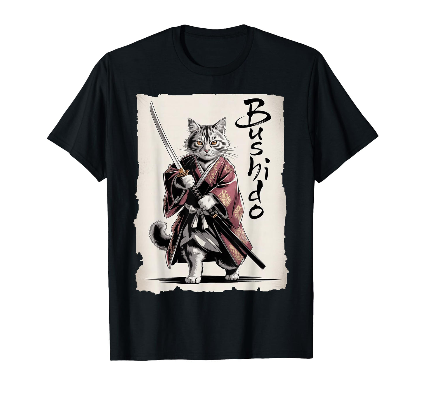 Samurai Cat Vintage Ukiyo-e Warrior Art Graphic Fun Cat Art T-Shirt