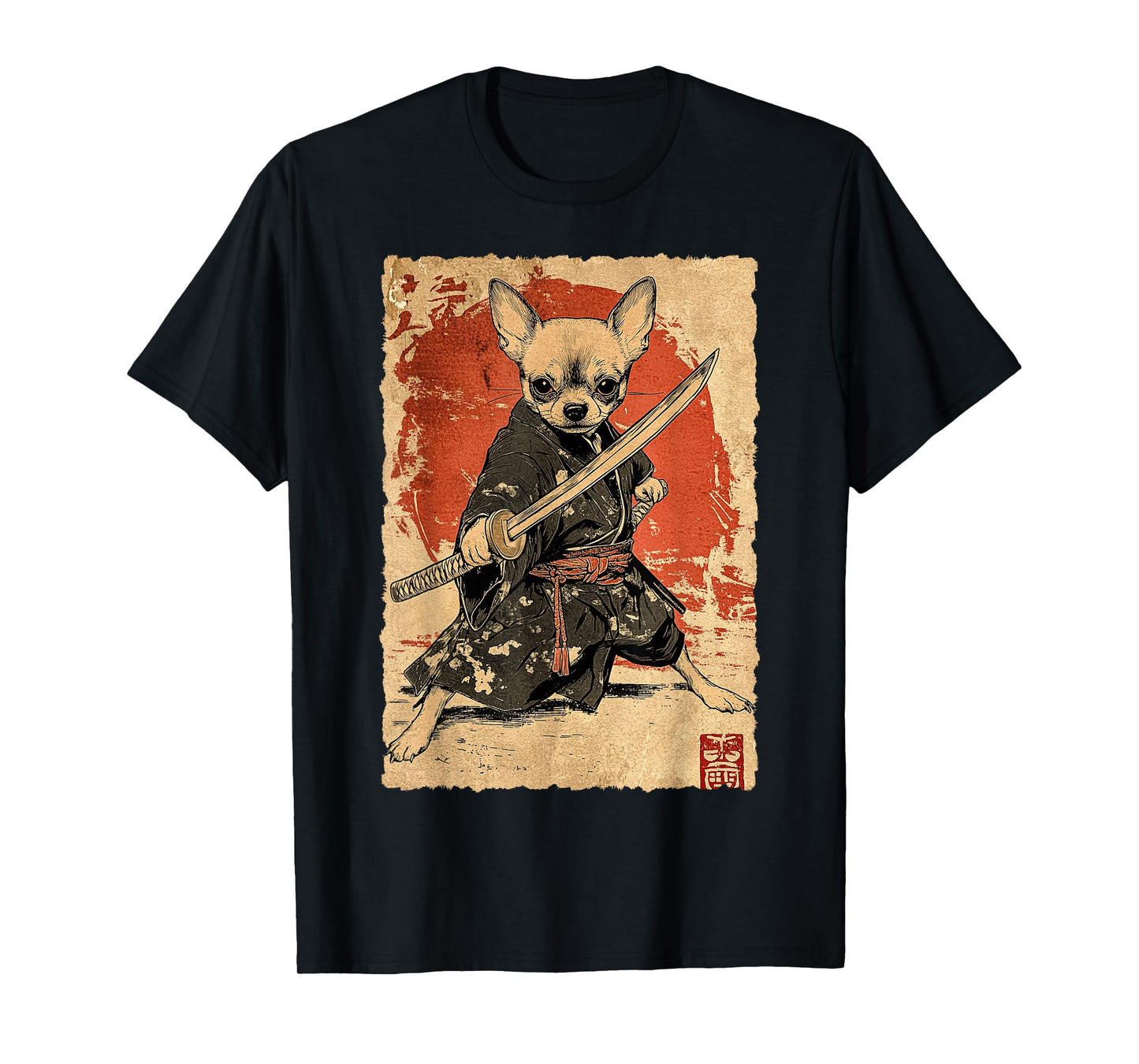 Vintage Japanese Art Chihuahua Ninja Samurai Warrior Katana T-Shirt