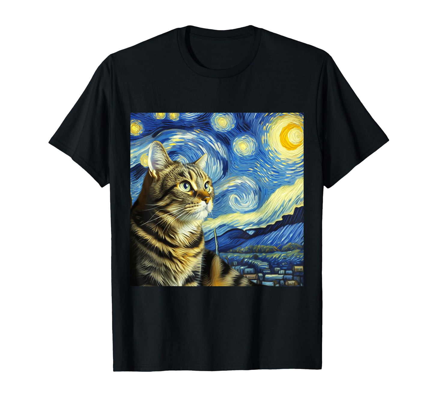 Funny Cat Lover Starry Night Van Gogh Grey Tabby Tiger Cat Men Women Kids T-Shirt