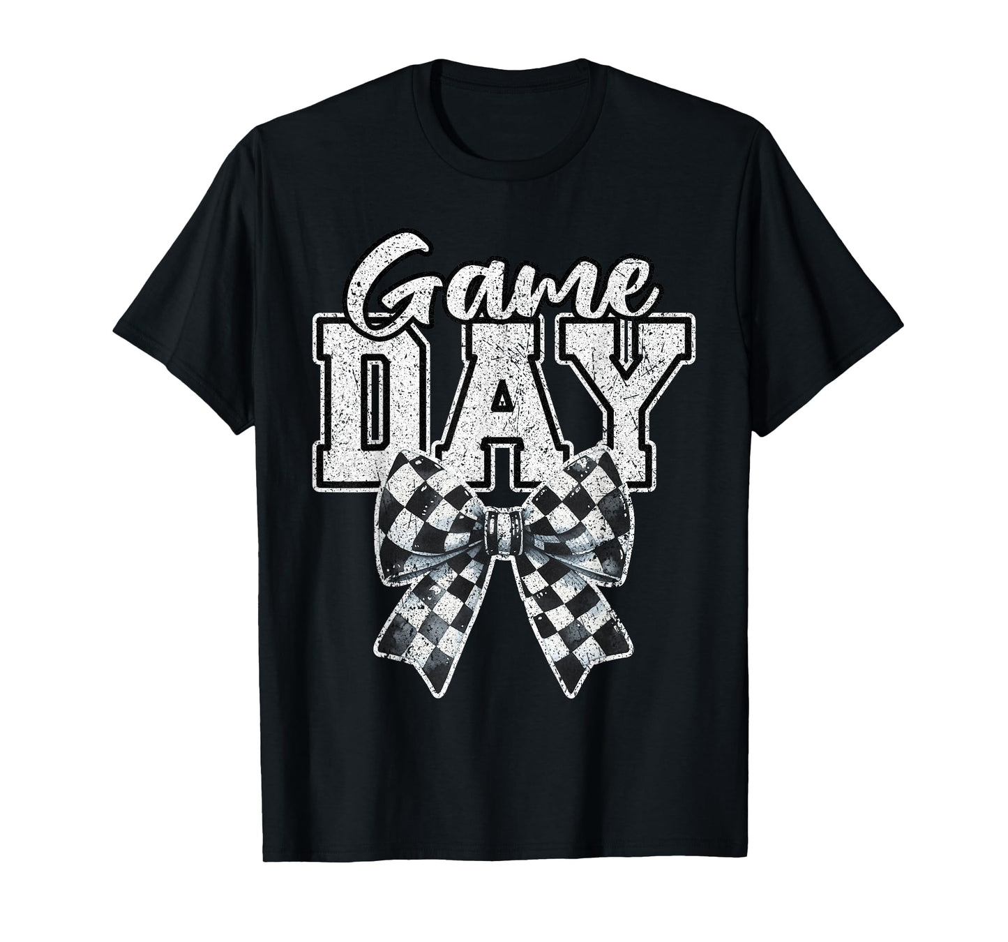 Retro Croquette Bow Black White Checkered Football Game Day T-Shirt
