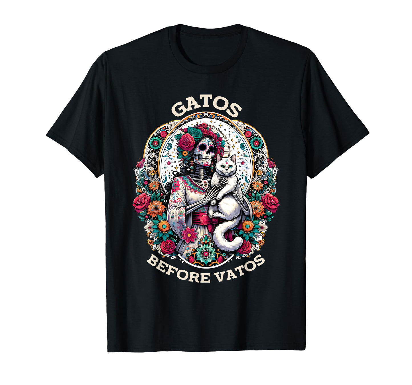 Gatos Before Vatos Tarot Card Skeleton Cat Mexican Fiesta T-Shirt