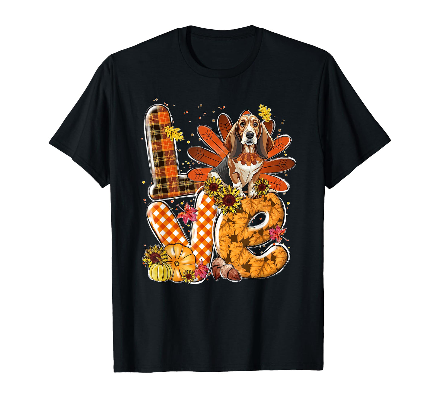 LOVE Thanksgiving Cute Basset Hound turkey Pumpkin Fall T-Shirt