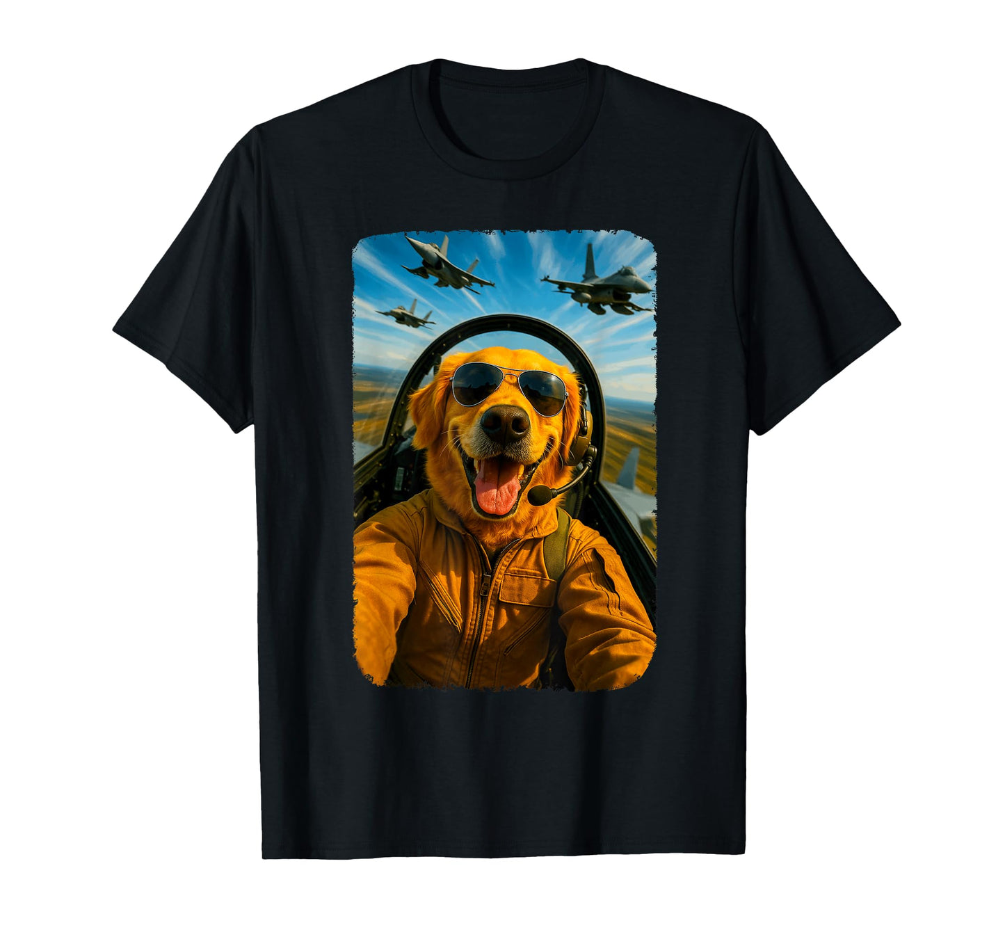 Funny Golden Retriever Fighter Pilot Dog Selfie T-Shirt