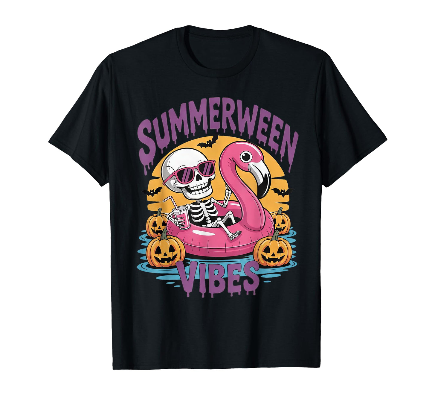Summerween Vibes Skeleton Flamingo Spooky Halloween Summer T-Shirt