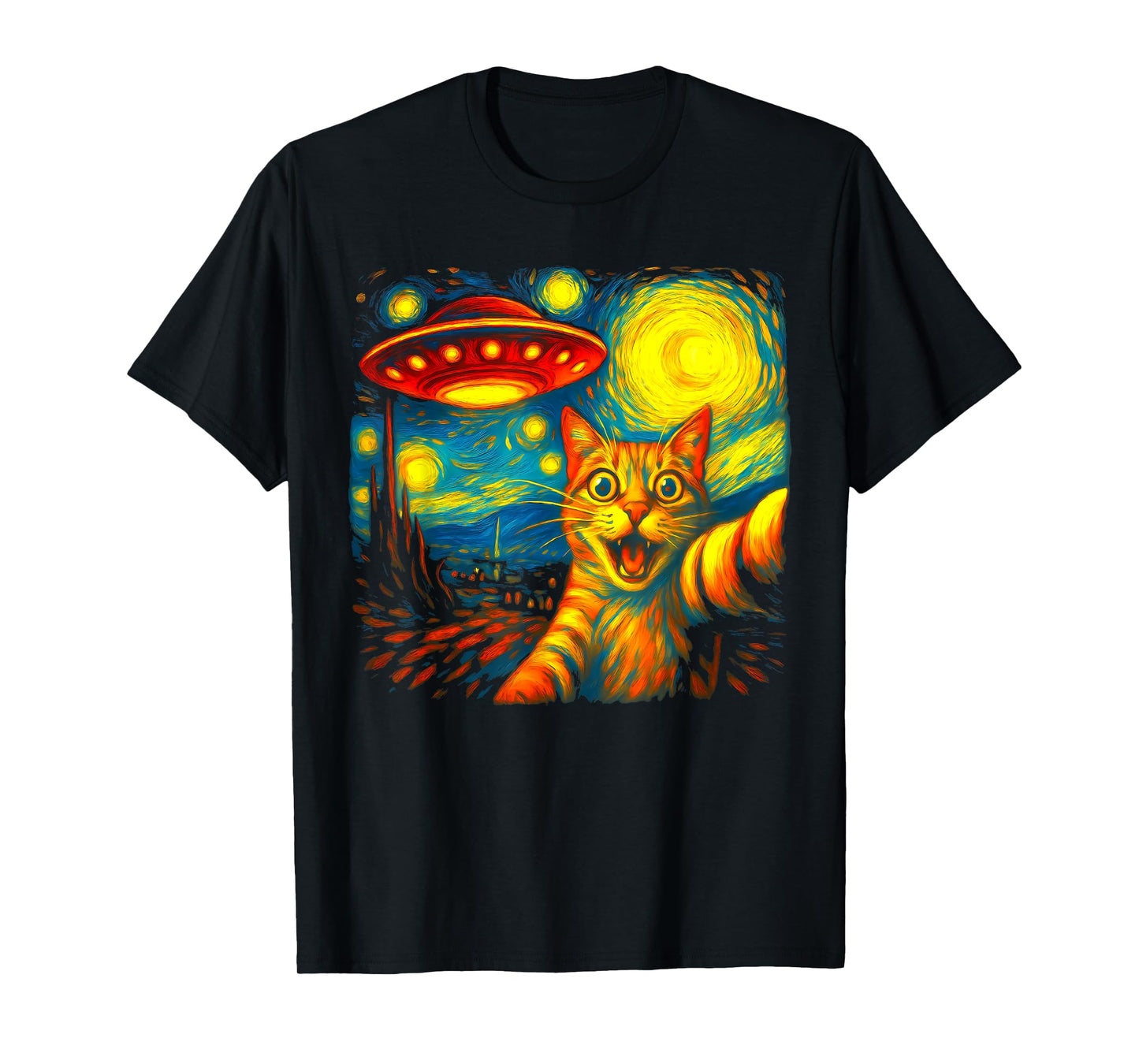 Cat Selfie With Alien UFO Funny Starry Night Van Gogh Men Women Kids T-Shirt