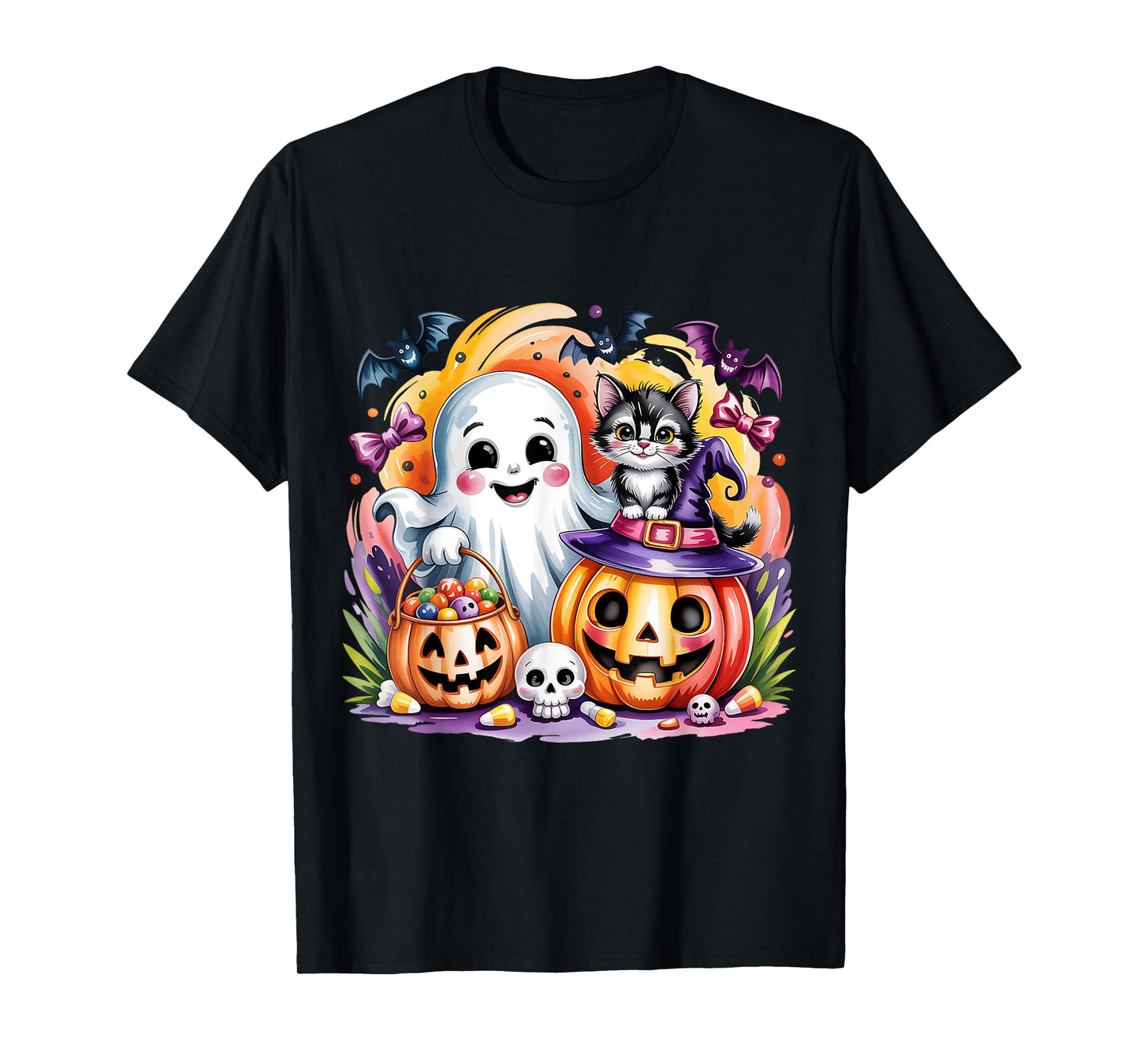 Happy Halloween Ghost Cat Jack-o-Lantern Trick or Treat T-Shirt