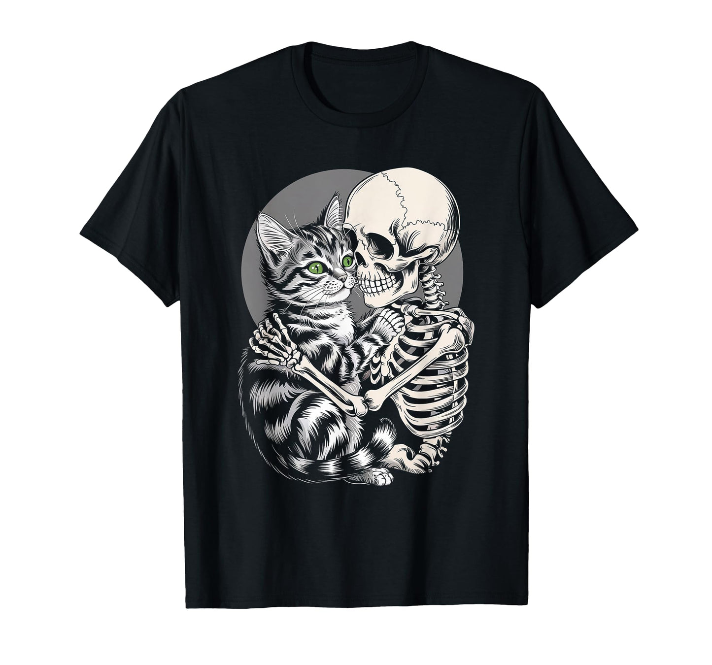 Skeleton Hugging Cat Halloween Cat Lover Skull Kitty T-Shirt
