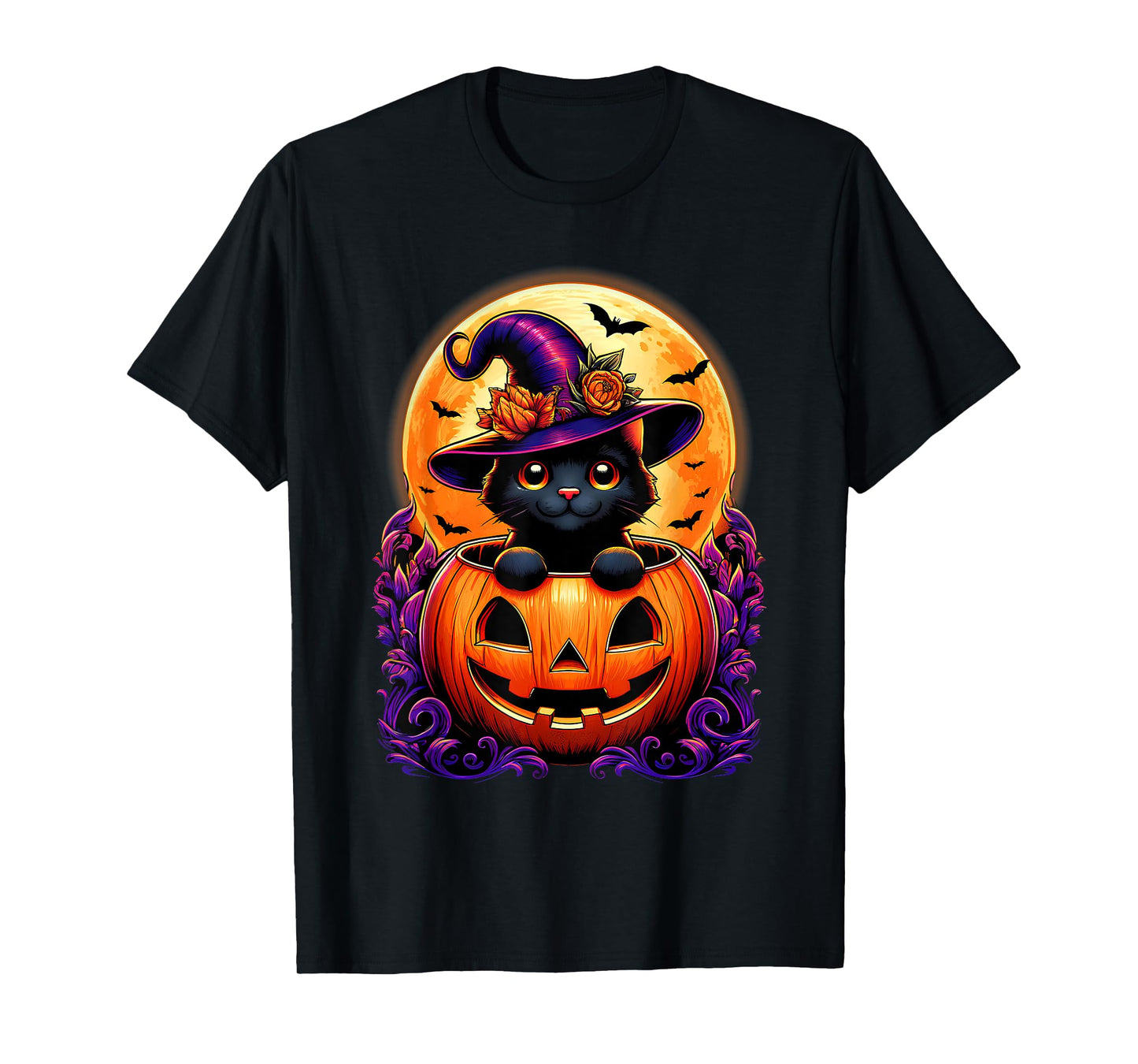 Black Cat Witch Hat Pumpkin Funny Halloween Men Women Kids T-Shirt