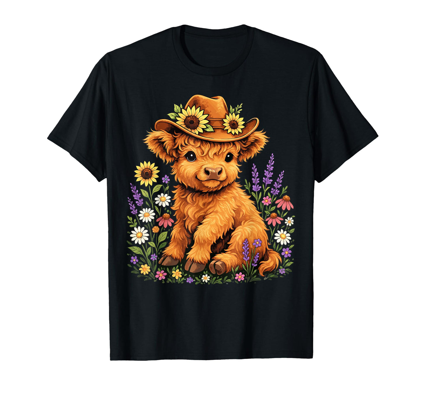 Cute Highland Cow with Flowers and Cowboy Hat T-Shirt