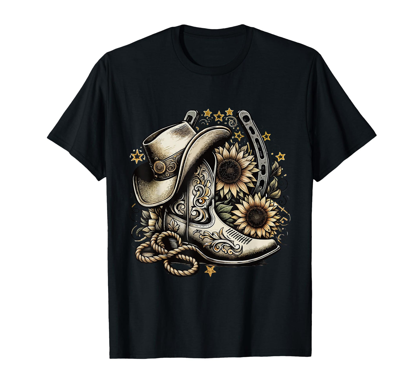 Western Cowboy Boot Horseshoe Sunflower Rope Cowgirl Country T-Shirt