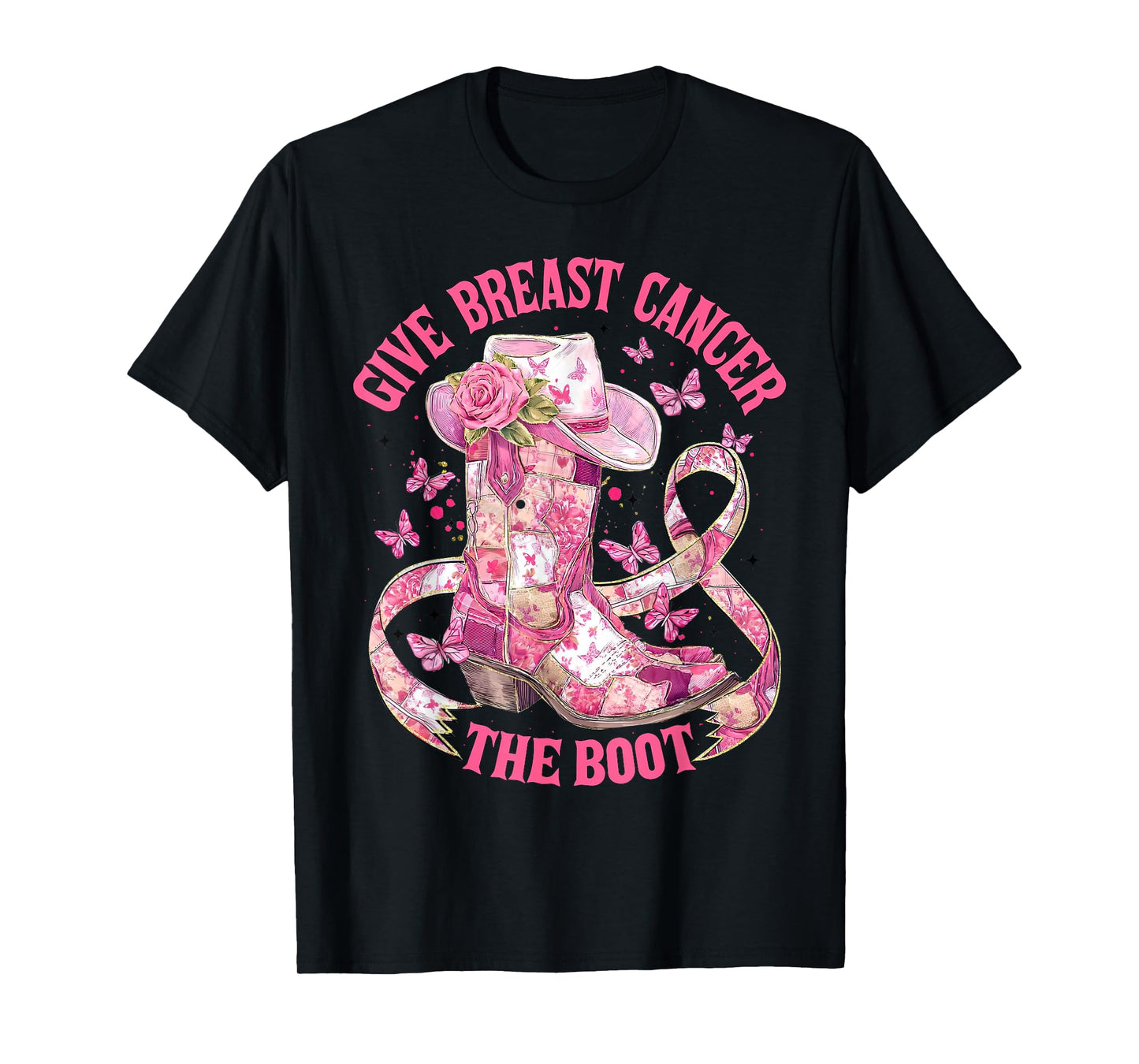 Give Breast Cancer The Boot Pink Ribbon Western Cowboy Boots T-Shirt