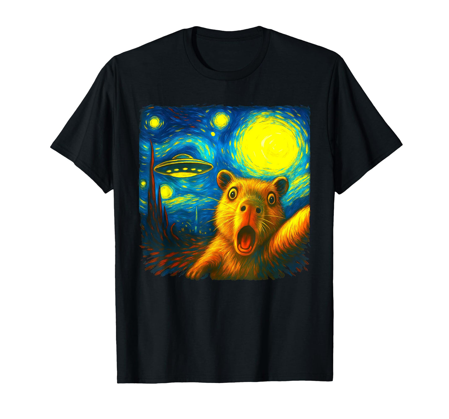 Capybara Selfie With Alien UFO Funny Starry Night Van Gogh T-Shirt