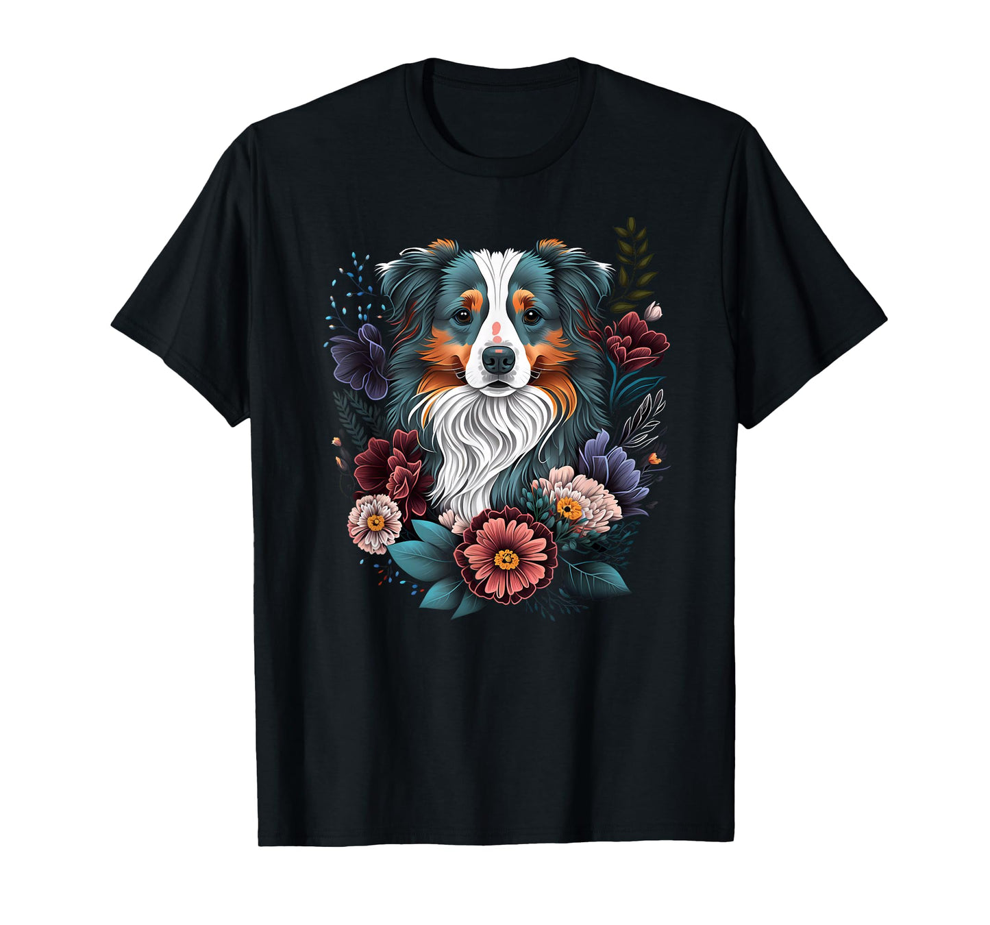 Australian Shepherd Puppy Floral Garden Dog Art Painting T-Shirt