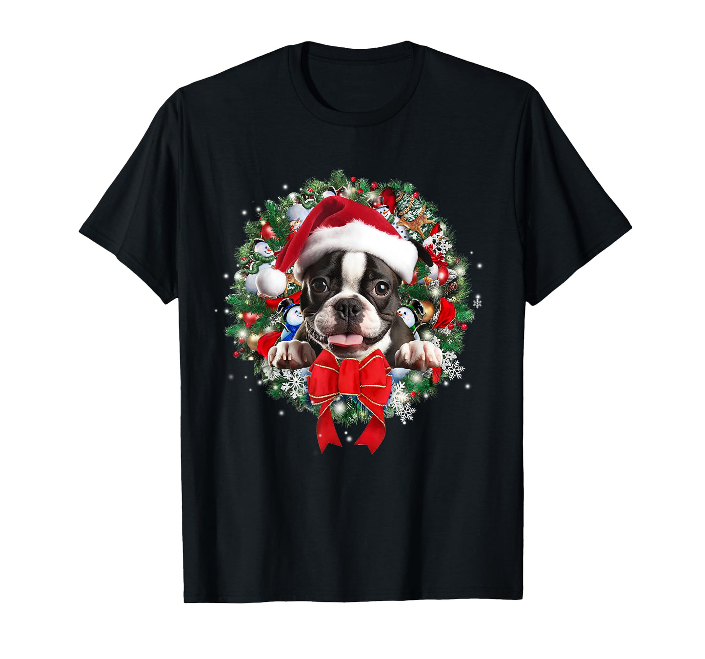 Boston Terrier Christmas Wreath Decoration Xmas Pajamas T-Shirt