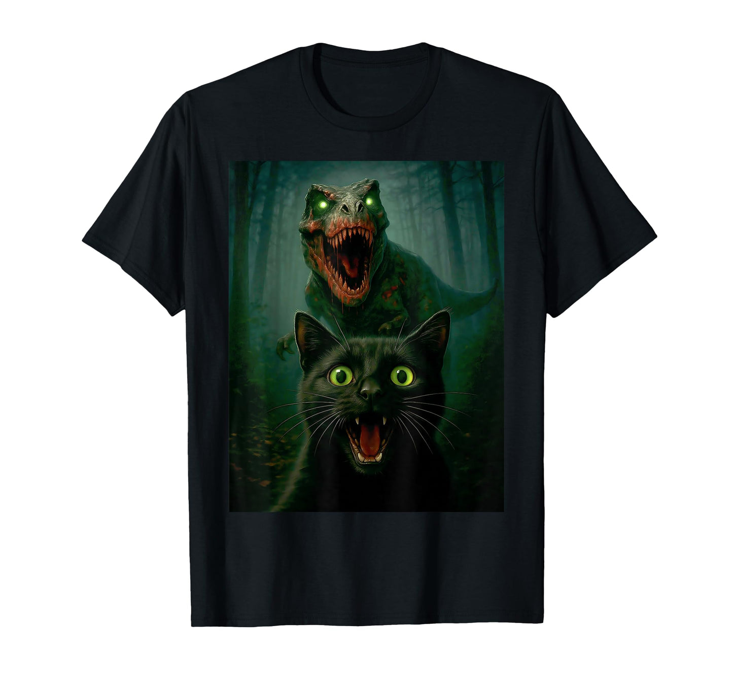 Scared Cat Selfie with Zombie T-Rex Dinosaur Halloween Day T-Shirt