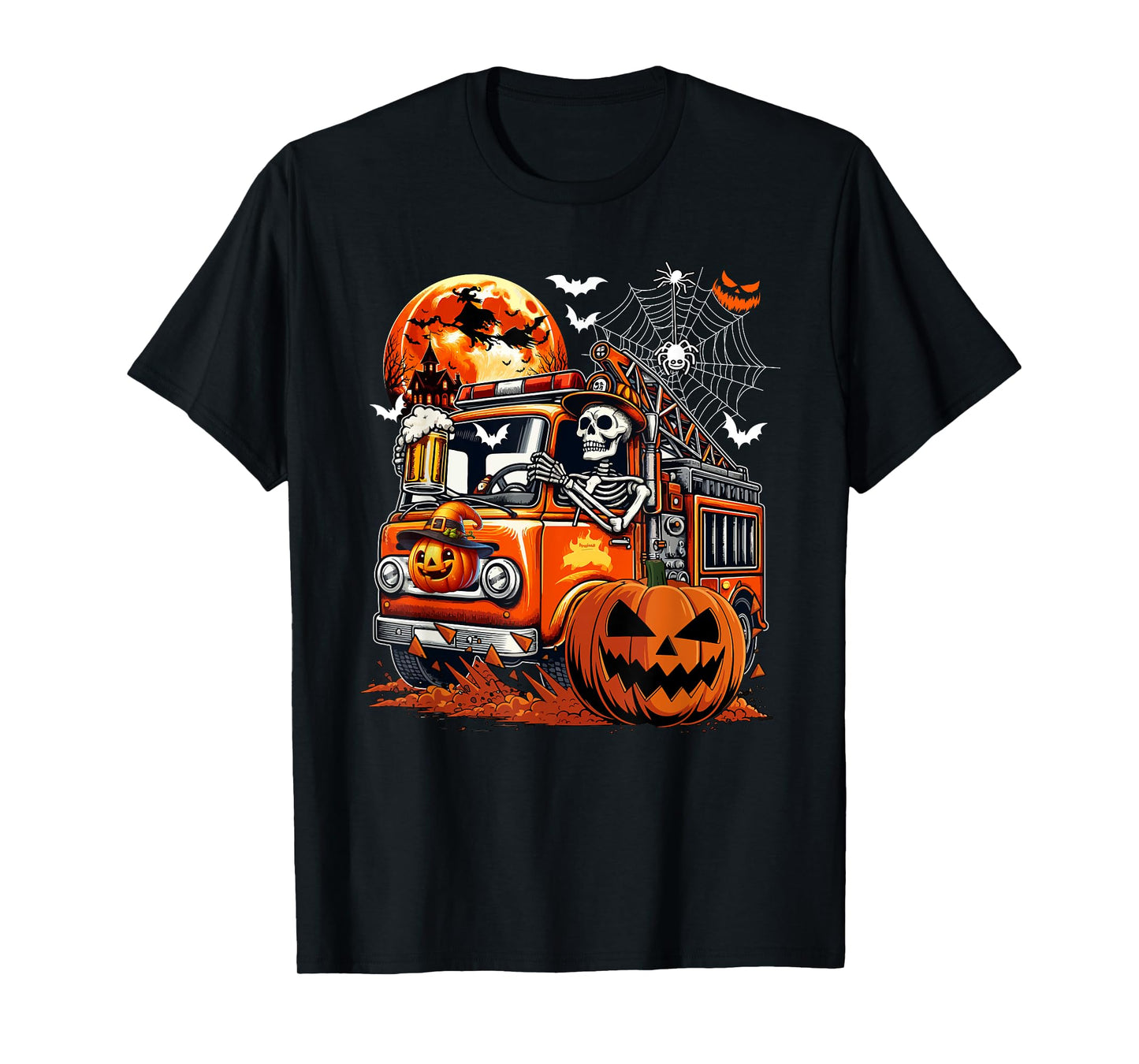 Skeleton Drinking Beer On Fire Truck Halloween Pumpkins T-Shirt