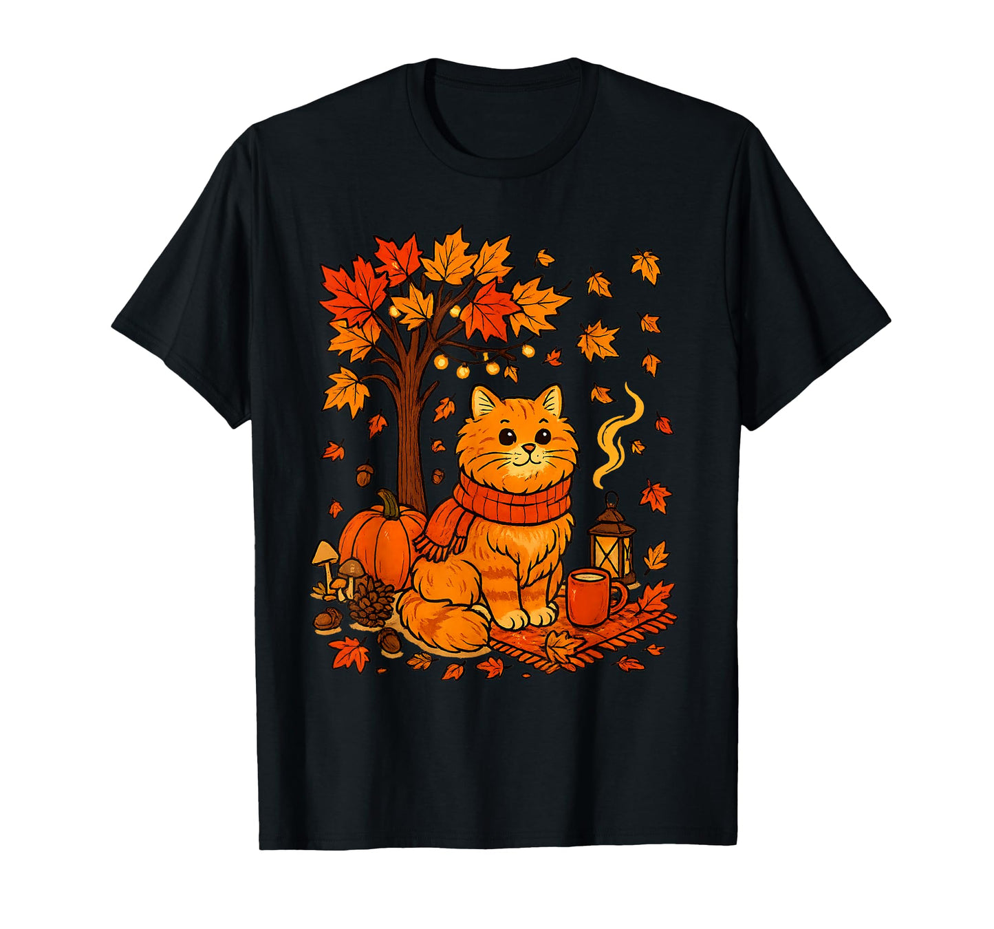 Autumn Cat Scarf Fall Vibes Falling Leave Tree Thanksgiving T-Shirt