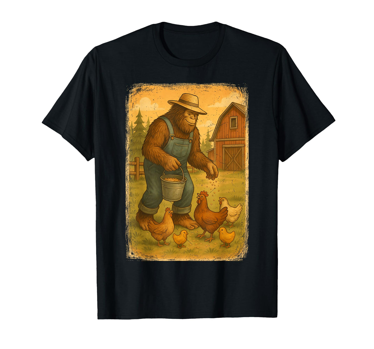 Bigfoot Farmer Sasquatch Feeding Chickens Funny Farming T-Shirt