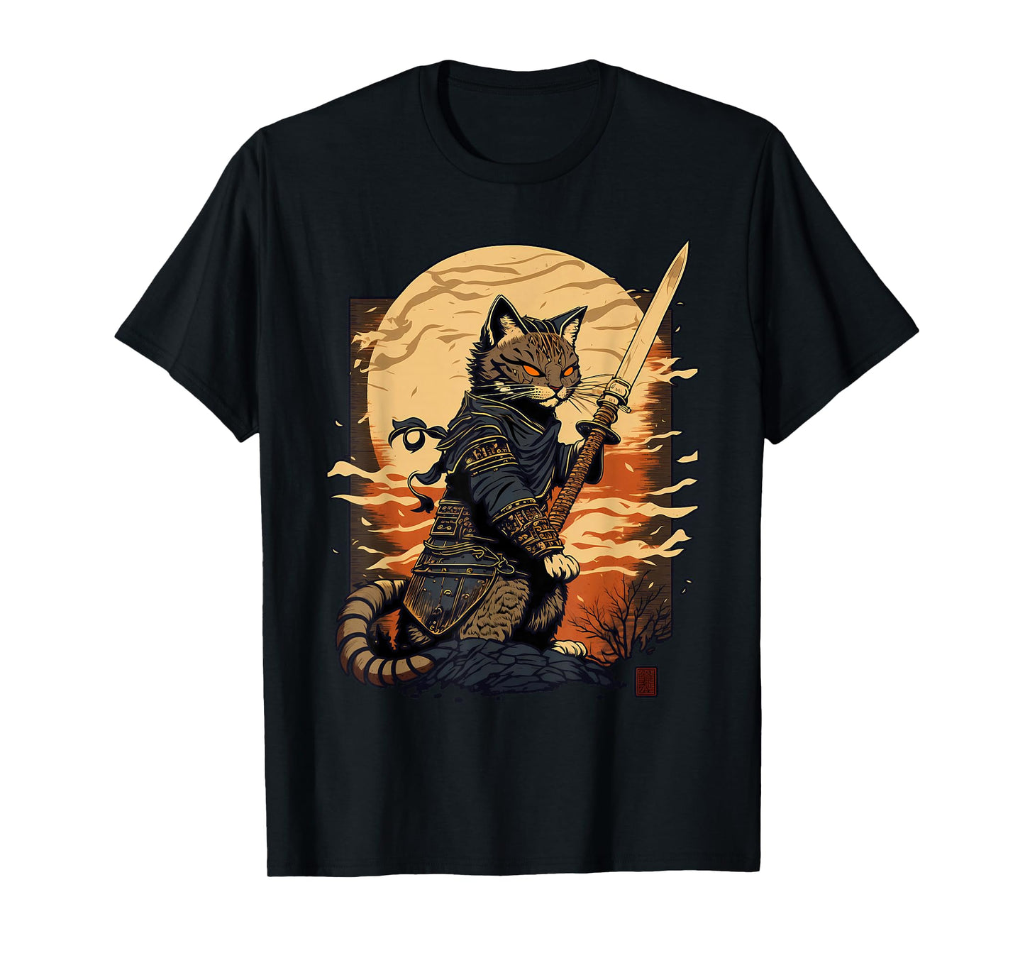 Retro Japanese Warrior Katana Ninja Cat, Samurai Kitten T-Shirt