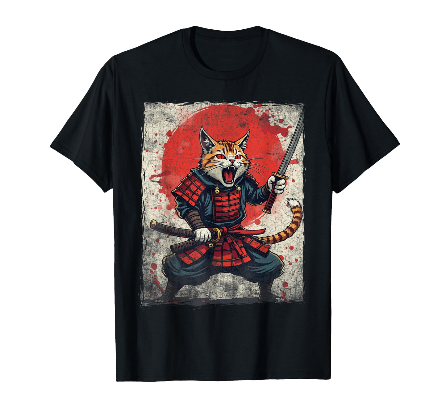 Samurai Cat Ukiyo-e Warrior Art Vintage Ninja Cat Graphic T-Shirt