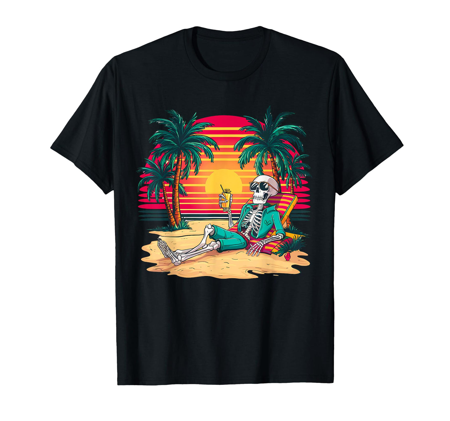 Funny Skeleton On Tropical Island Beach Retro T-Shirt for Men Women Kids