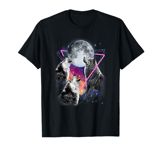 Epic 3 Wolves Howling At Moon 80s Style Wolf T-Shirt