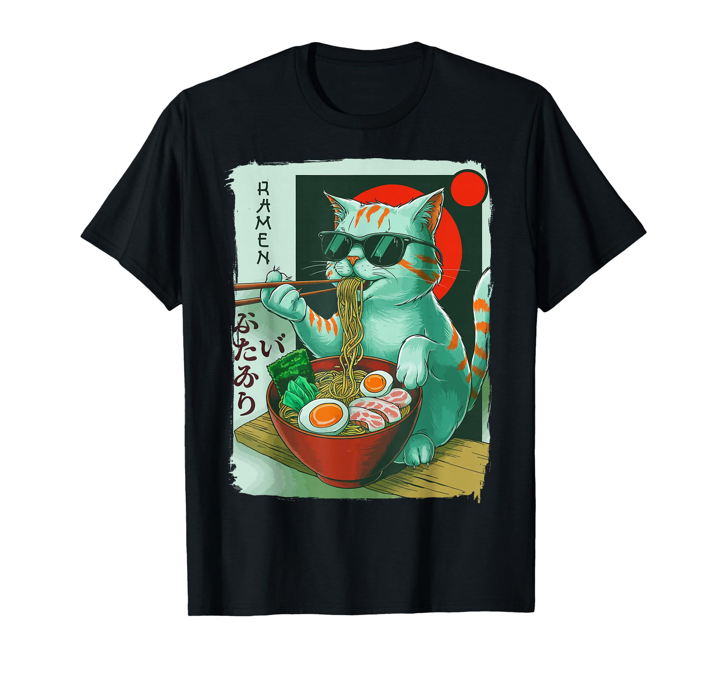 Funny Cat Eating Ramen Graphic Japanese Kawaii Otaku Anime T-Shirt