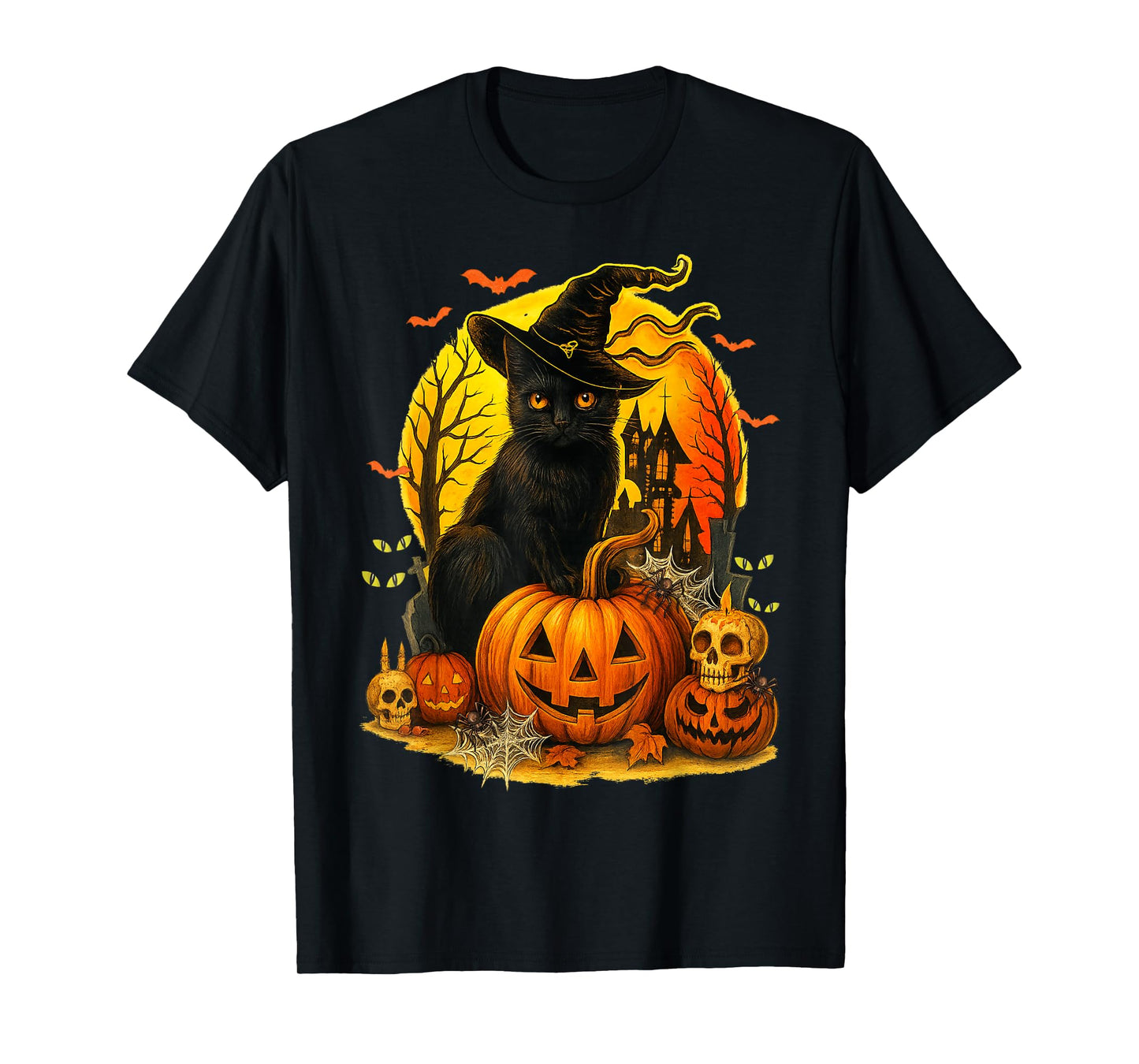 Retro Black Cat Witch Scary Halloween Pumpkin Women Men Kids T-Shirt
