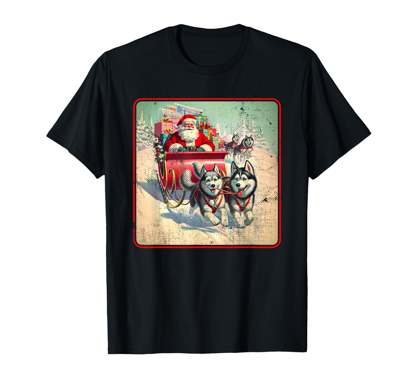 Siberian Husky Family Christmas Huskies Pulling Santa Sleigh T-Shirt