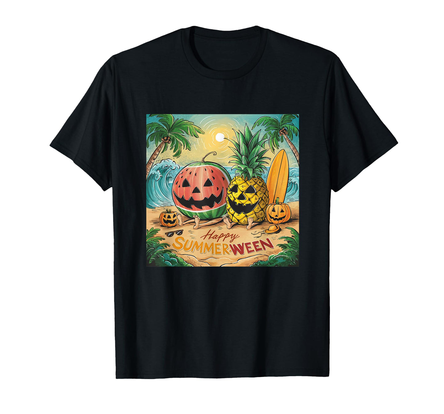 Happy Summerween Watermelon Pineapple Beach Vibes Halloween T-Shirt for Men Women Kids