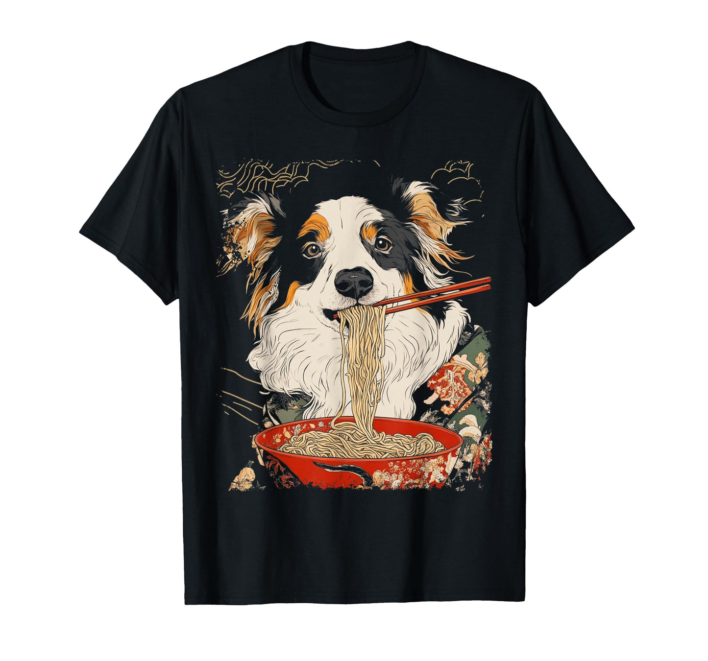 Japanese Art Australian Shepherd Dog Eating Ramen T-Shirt
