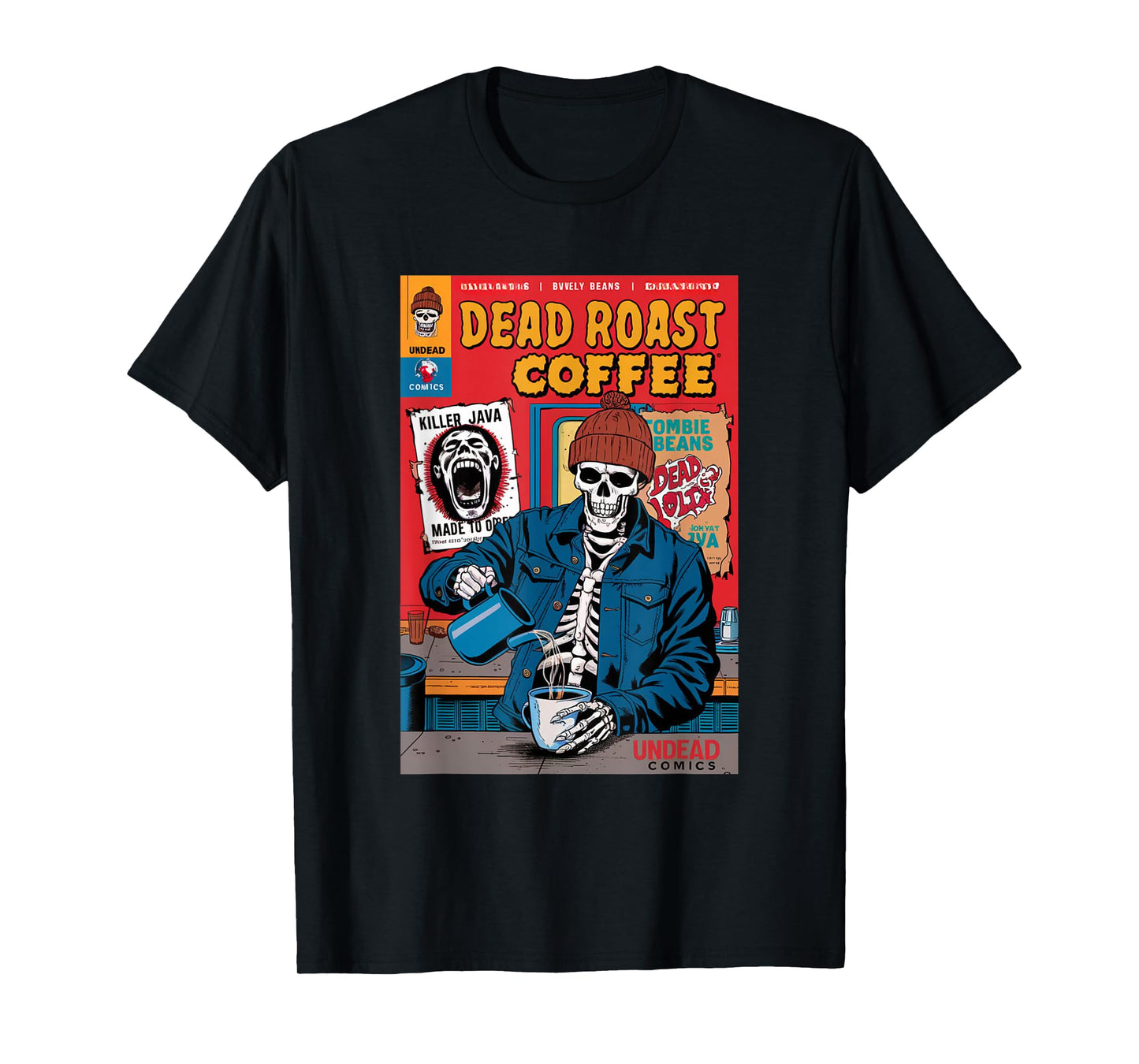 Dead Roast Coffee Comic Book Cover Style Skeleton Barista T-Shirt