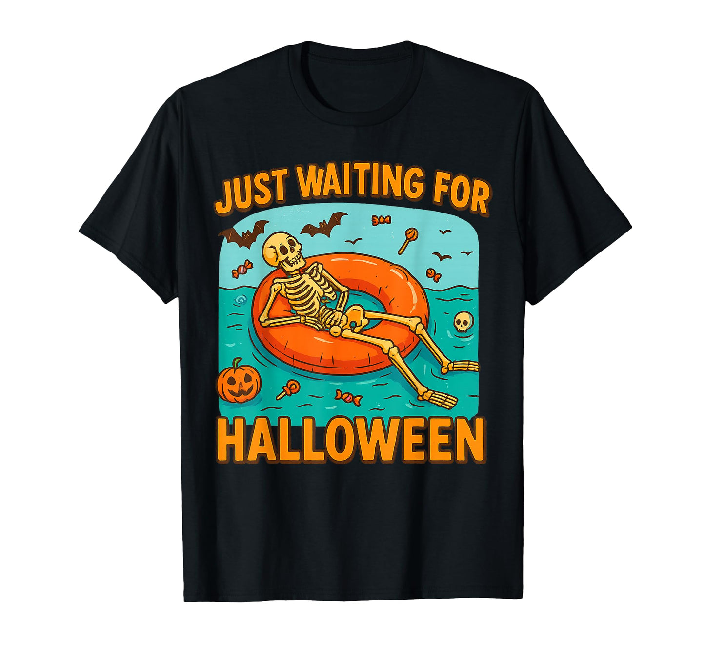 Just Waiting for Halloween Funny Skeleton Floating on Float T-Shirt