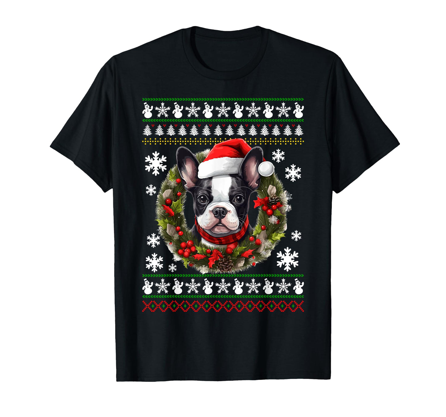 Boston Terrier With Santa Hat Ugly Christmas T-Shirt