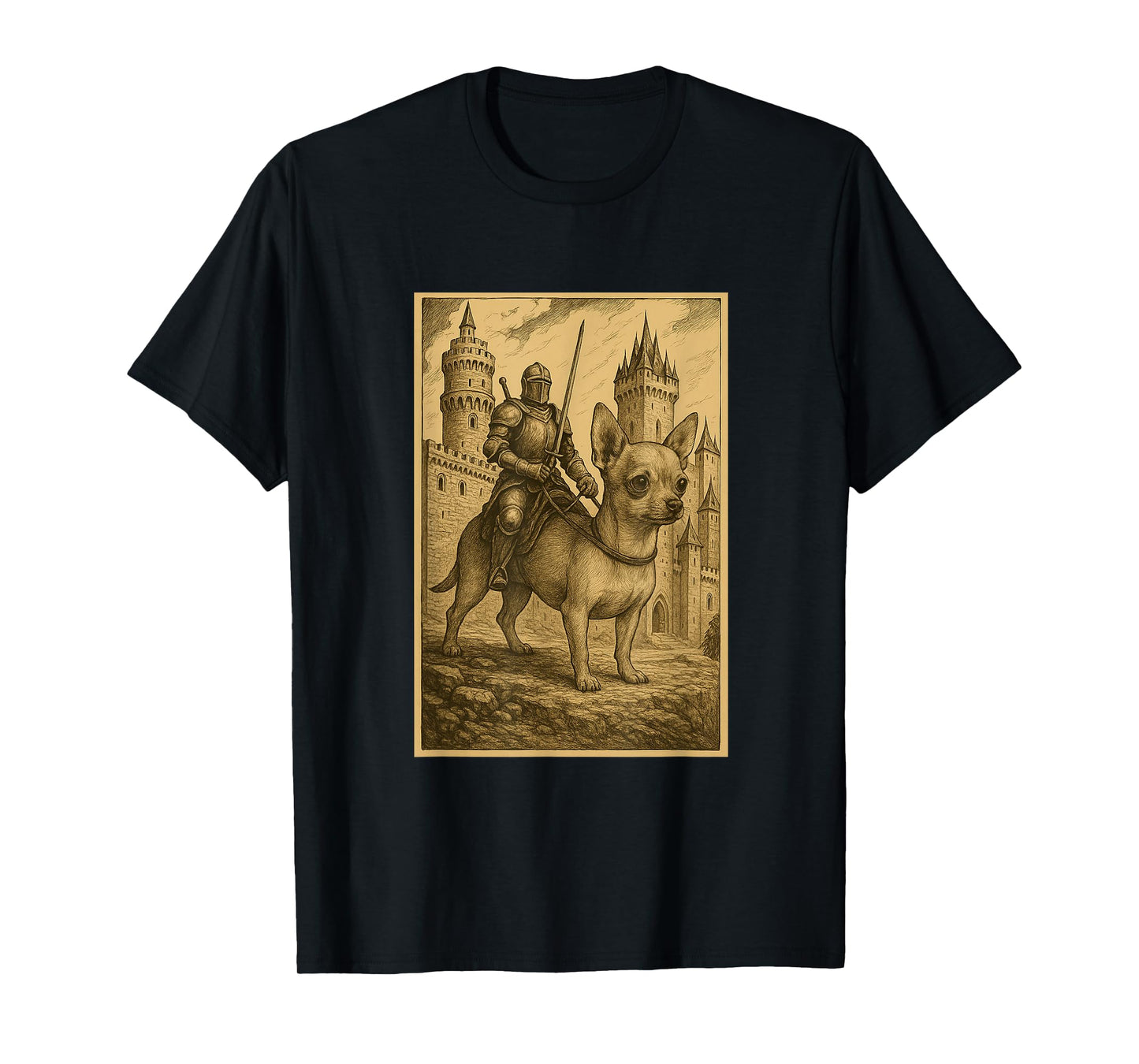 Medieval Knight Riding a Chihuahua Fantasy Art Surreal Rider T-Shirt