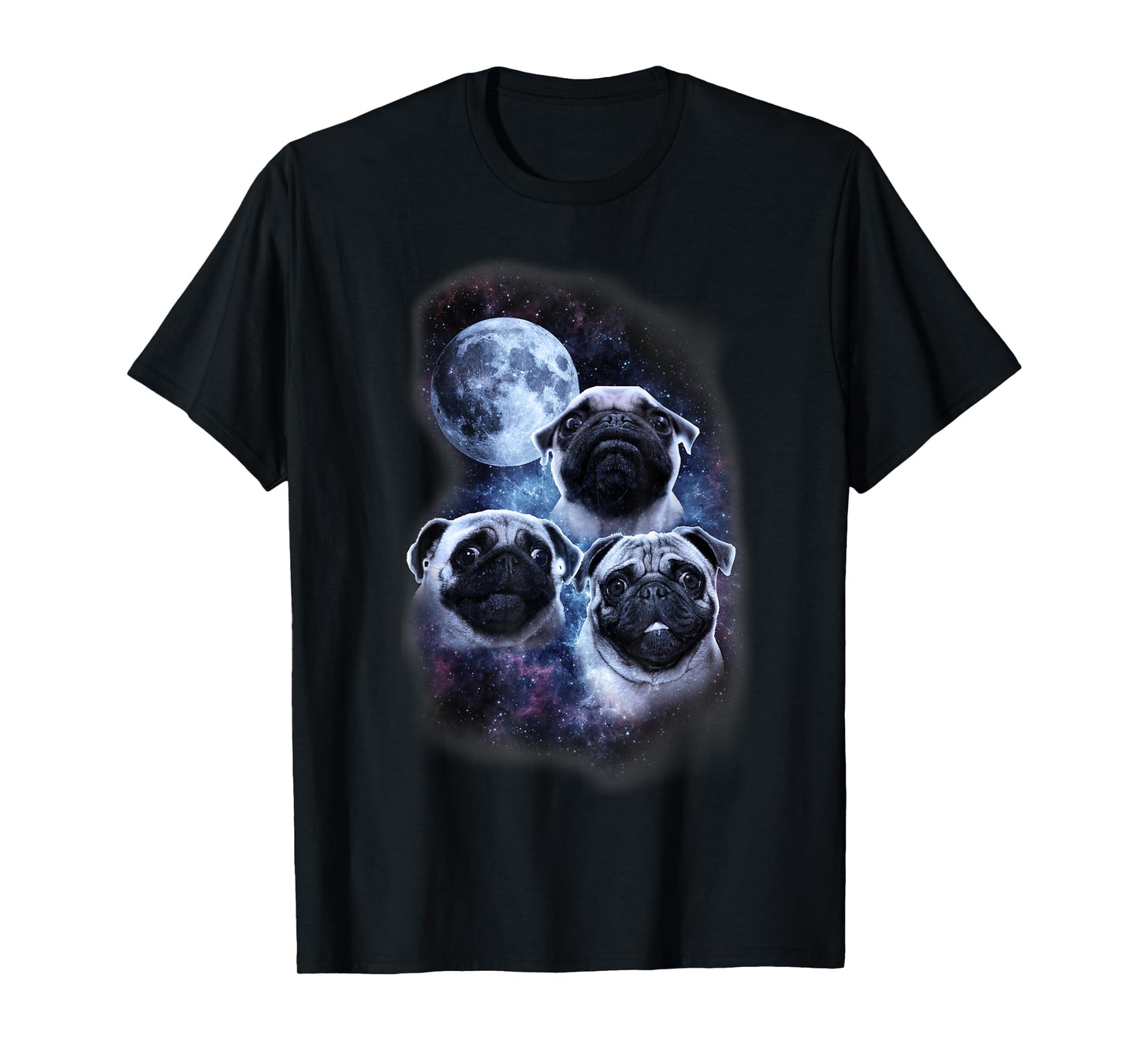 Cute pug design in space, full moon, stars, milky way T-Shirt