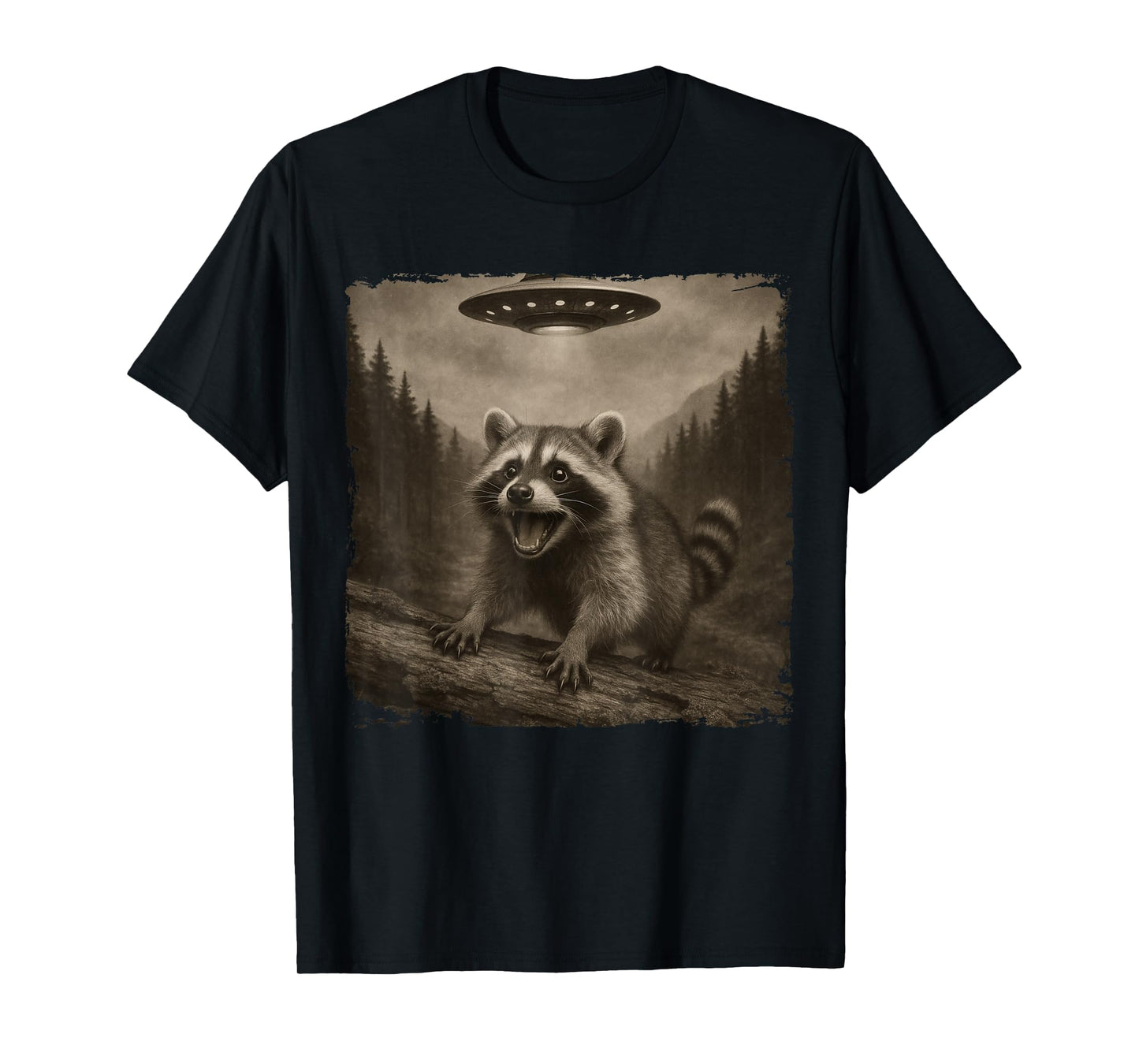 Funny Raccoon Evades Alien UFO Animal Meme Men Women Kids T-Shirt
