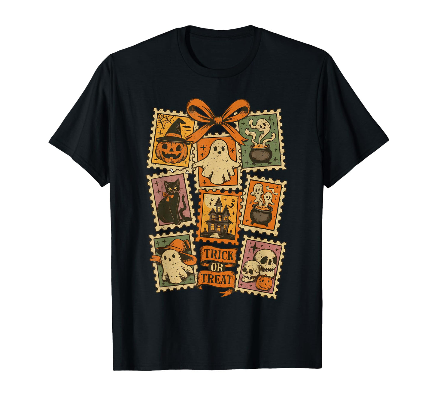 Retro Halloween Stamp Icons Funny Halloween Cat Ghost Stamp T-Shirt