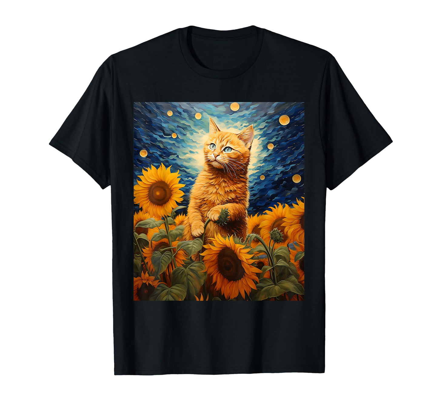Cat Starry Night Van Gogh Sunflower Cat Meme Cat Mom Cat Dad T-Shirt for Men Women Kids