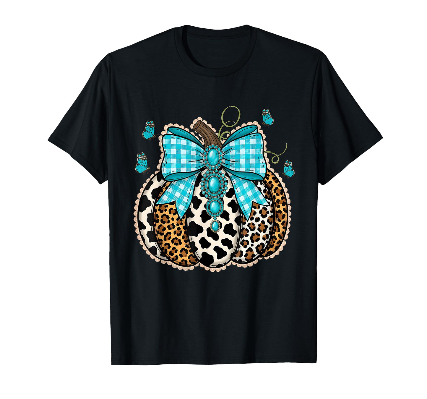 Leopard Turquoise Lace Pumpkin Fall Thanksgiving Halloween T-Shirt