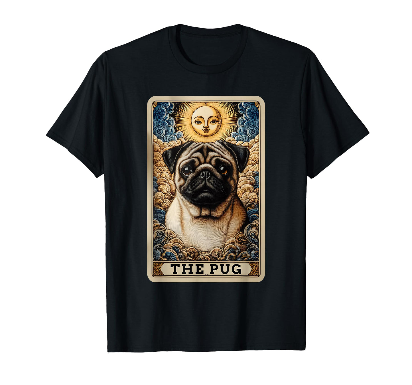 The Pug Tarot Card Dog Pug Dogs Unisex-Adult T-Shirt, Black, Small, Short Sleeve, Cartoon Dog Theme, Casual, Playful