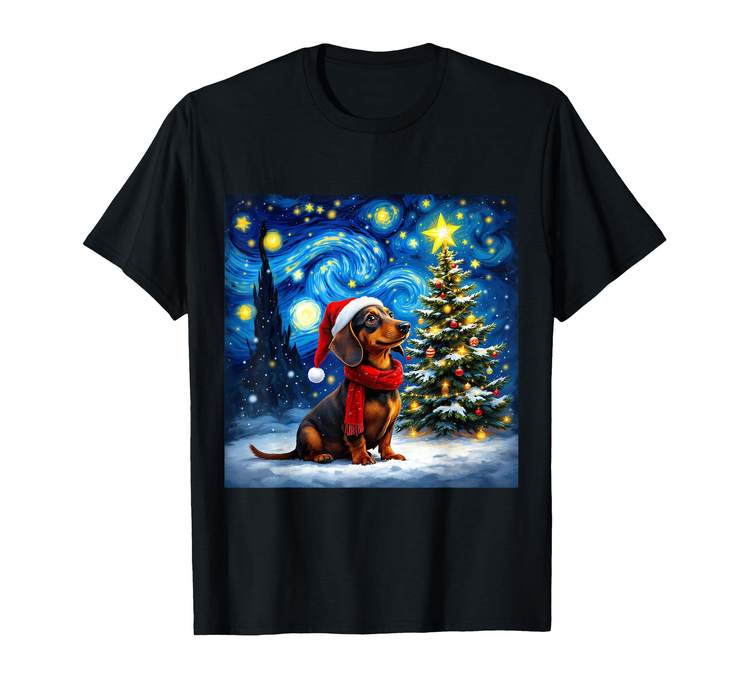 Dachshund Starry Night Christmas Van Gogh Dog Santa Hat T-Shirt